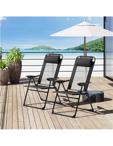 Outsunny Set of 2 Portable Folding Recliner Metal Outdoor Patio Chaise Lounge Chairs with Adjustable Backrest, Black