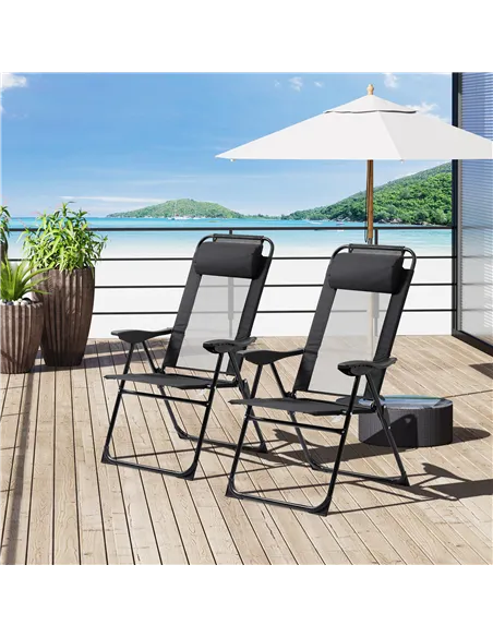Outsunny Set of 2 Portable Folding Recliner Metal Outdoor Patio Chaise Lounge Chairs with Adjustable Backrest, Black
