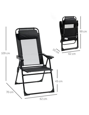 Outsunny Set of 2 Portable Folding Recliner Metal Outdoor Patio Chaise Lounge Chairs with Adjustable Backrest, Black