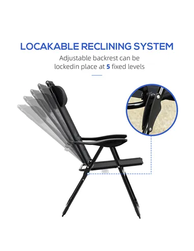 Outsunny Set of 2 Portable Folding Recliner Metal Outdoor Patio Chaise Lounge Chairs with Adjustable Backrest, Black