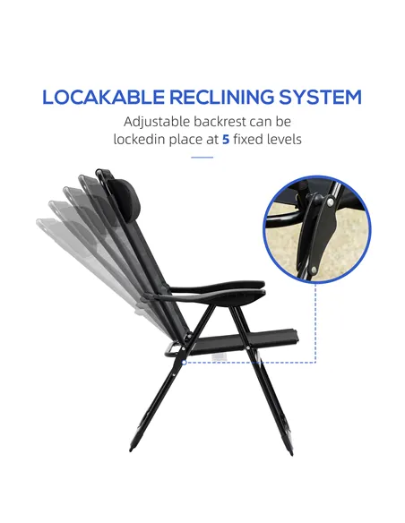 Outsunny Set of 2 Portable Folding Recliner Metal Outdoor Patio Chaise Lounge Chairs with Adjustable Backrest, Black