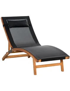 Outsunny Ergonomic Patio Lounge Chair Wooden Outdoor Chaise w/ 3 Adjustable Back and Removable Headrest Pillow for Garden Black