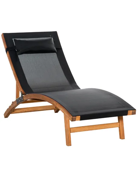 Outsunny Ergonomic Patio Lounge Chair Wooden Outdoor Chaise w/ 3 Adjustable Back and Removable Headrest Pillow for Garden Black