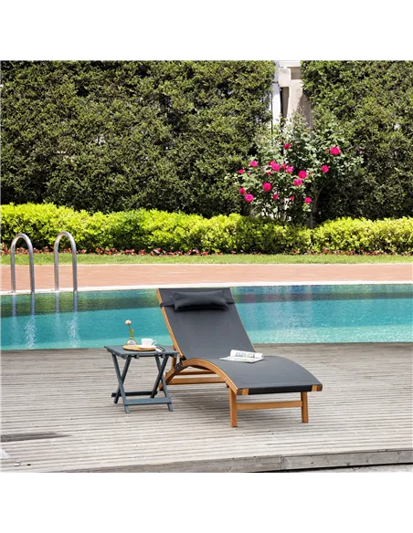 Outsunny Ergonomic Patio Lounge Chair Wooden Outdoor Chaise w/ 3 Adjustable Back and Removable Headrest Pillow for Garden Black
