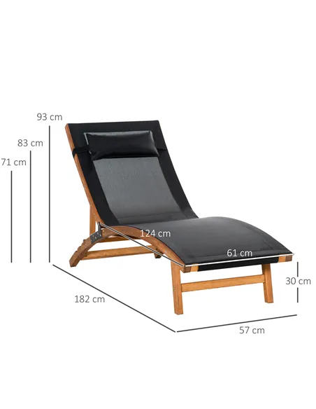 Outsunny Ergonomic Patio Lounge Chair Wooden Outdoor Chaise w/ 3 Adjustable Back and Removable Headrest Pillow for Garden Black