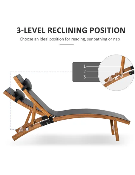 Outsunny Ergonomic Patio Lounge Chair Wooden Outdoor Chaise w/ 3 Adjustable Back and Removable Headrest Pillow for Garden Black