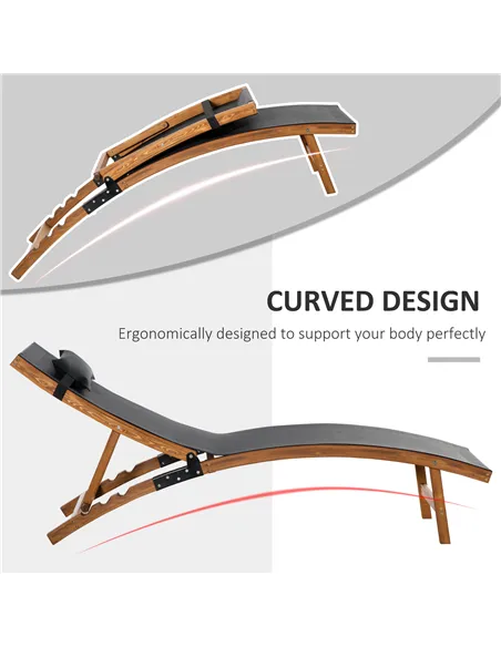 Outsunny Ergonomic Patio Lounge Chair Wooden Outdoor Chaise w/ 3 Adjustable Back and Removable Headrest Pillow for Garden Black