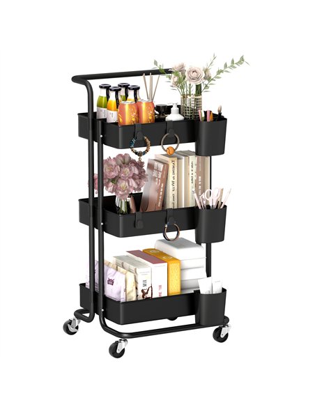 HOMCOM Three-Tier Home Trolley, with Handle and Wheels - Black
