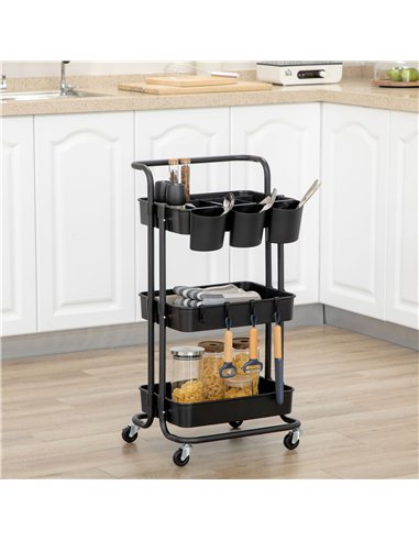 HOMCOM Three-Tier Home Trolley, with Handle and Wheels - Black