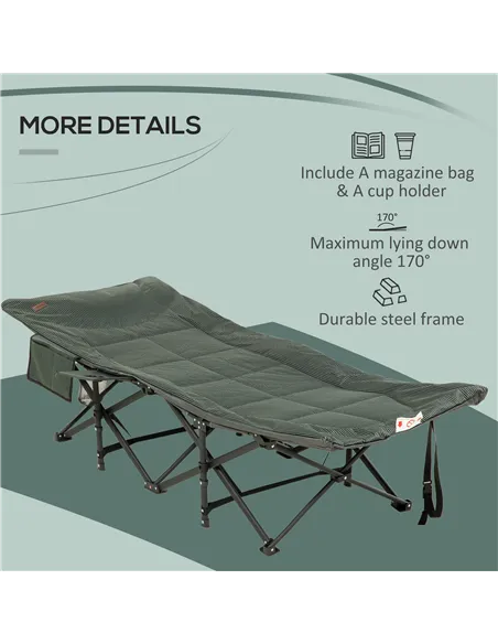 Outsunny Foldable Camp Bed, Padded Patio Camping Bed with Carry Bag, Magazine Bag and Cup Holder for Outdoor, Garden, Grey