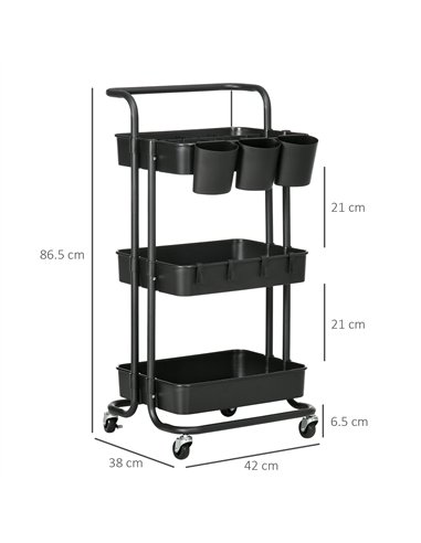 HOMCOM Three-Tier Home Trolley, with Handle and Wheels - Black