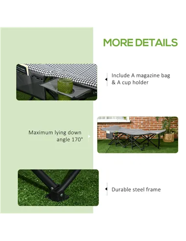 Outsunny Foldable Camp Bed, Padded Patio Camping Bed with Carry Bag, Magazine Bag and Cup Holder for Outdoor, Garden, Black