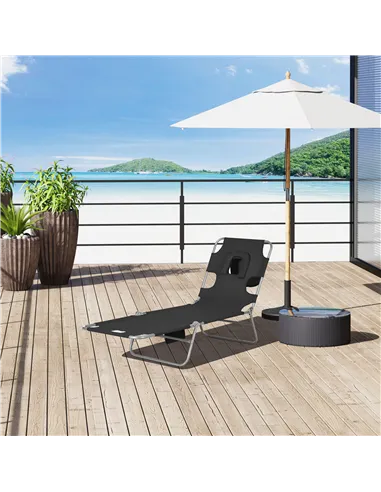 Outsunny Foldable Sun Lounger, Beach Chaise Lounge with Reading Hole, Arm Slots, 5-Position Adjustable Backrest, Side Pocket, Pi