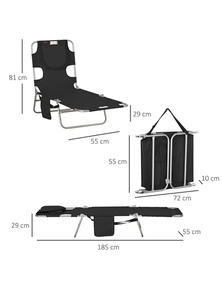 Outsunny Foldable Sun Lounger, Beach Chaise Lounge with Reading Hole, Arm Slots, 5-Position Adjustable Backrest, Side Pocket, Pi