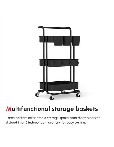 HOMCOM Three-Tier Home Trolley, with Handle and Wheels - Black
