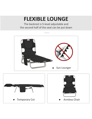 Outsunny Foldable Sun Lounger, Beach Chaise Lounge with Reading Hole, Arm Slots, 5-Position Adjustable Backrest, Side Pocket, Pi