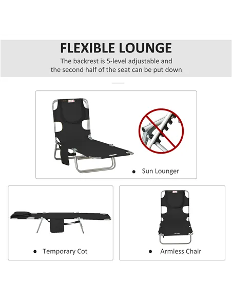 Outsunny Foldable Sun Lounger, Beach Chaise Lounge with Reading Hole, Arm Slots, 5-Position Adjustable Backrest, Side Pocket, Pi