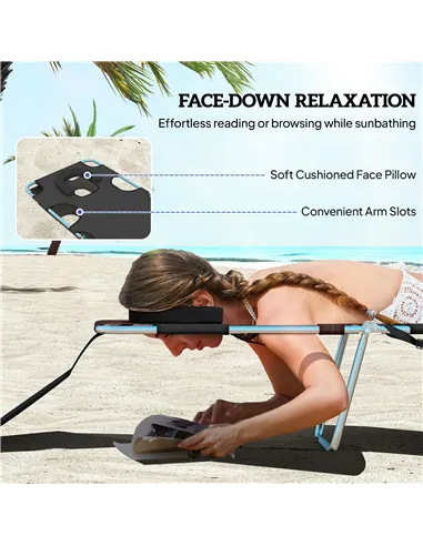 Outsunny Foldable Sun Lounger, Beach Chaise Lounge with Reading Hole, Arm Slots, 5-Position Adjustable Backrest, Side Pocket, Pi