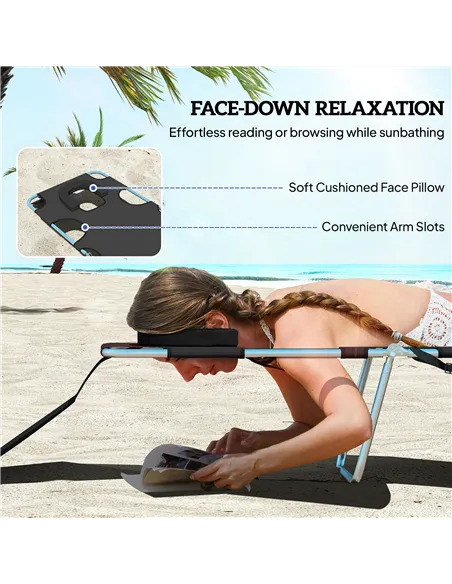 Outsunny Foldable Sun Lounger, Beach Chaise Lounge with Reading Hole, Arm Slots, 5-Position Adjustable Backrest, Side Pocket, Pi