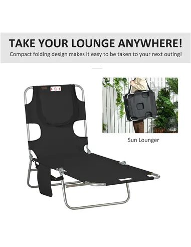 Outsunny Foldable Sun Lounger, Beach Chaise Lounge with Reading Hole, Arm Slots, 5-Position Adjustable Backrest, Side Pocket, Pi