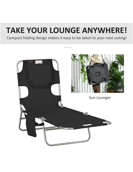 Outsunny Foldable Sun Lounger, Beach Chaise Lounge with Reading Hole, Arm Slots, 5-Position Adjustable Backrest, Side Pocket, Pi