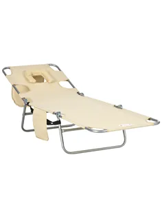 Outsunny Foldable Sun Lounger, Beach Chaise Lounge with Reading Hole, Arm Slots, 5-Position Adjustable Backrest, Side Pocket, Pi