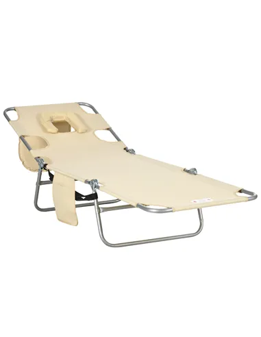 Outsunny Foldable Sun Lounger, Beach Chaise Lounge with Reading Hole, Arm Slots, 5-Position Adjustable Backrest, Side Pocket, Pi