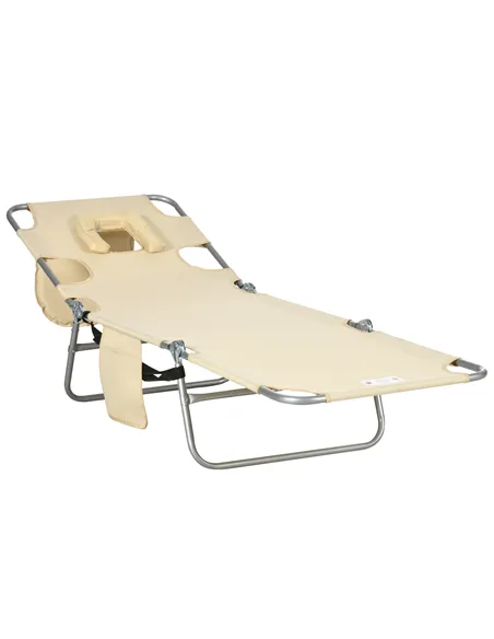 Outsunny Foldable Sun Lounger, Beach Chaise Lounge with Reading Hole, Arm Slots, 5-Position Adjustable Backrest, Side Pocket, Pi