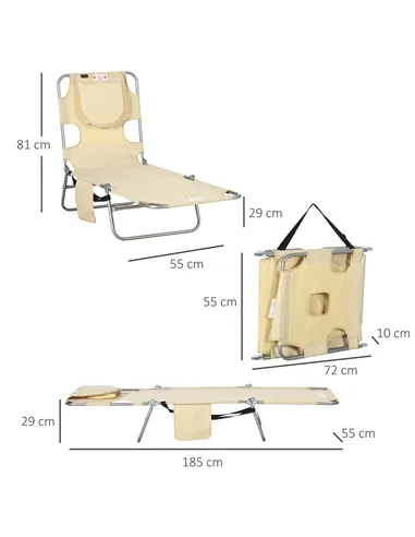 Outsunny Foldable Sun Lounger, Beach Chaise Lounge with Reading Hole, Arm Slots, 5-Position Adjustable Backrest, Side Pocket, Pi