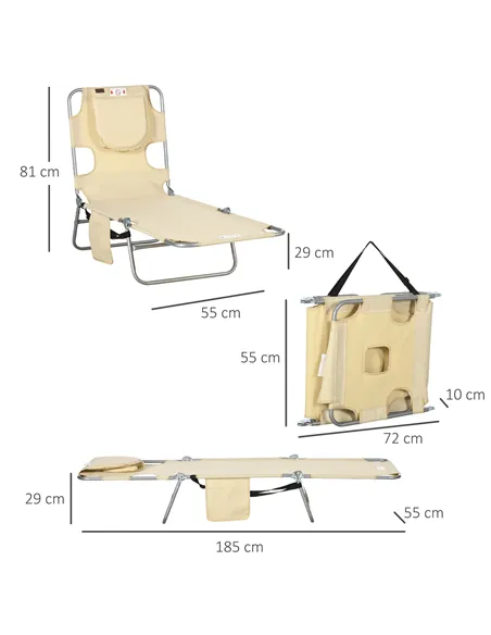 Outsunny Foldable Sun Lounger, Beach Chaise Lounge with Reading Hole, Arm Slots, 5-Position Adjustable Backrest, Side Pocket, Pi