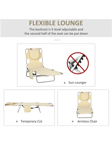 Outsunny Foldable Sun Lounger, Beach Chaise Lounge with Reading Hole, Arm Slots, 5-Position Adjustable Backrest, Side Pocket, Pi