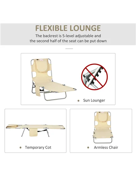 Outsunny Foldable Sun Lounger, Beach Chaise Lounge with Reading Hole, Arm Slots, 5-Position Adjustable Backrest, Side Pocket, Pi