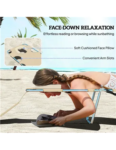 Outsunny Foldable Sun Lounger, Beach Chaise Lounge with Reading Hole, Arm Slots, 5-Position Adjustable Backrest, Side Pocket, Pi
