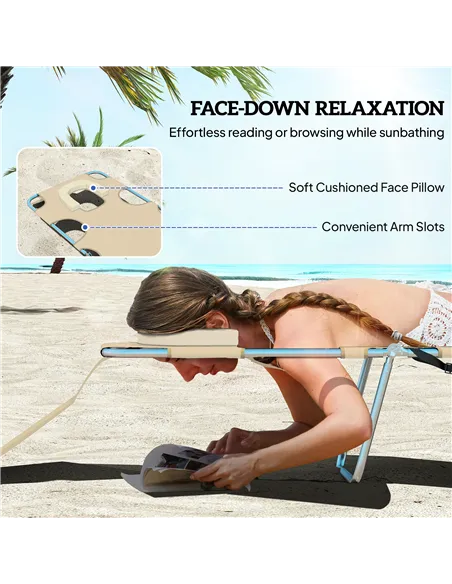 Outsunny Foldable Sun Lounger, Beach Chaise Lounge with Reading Hole, Arm Slots, 5-Position Adjustable Backrest, Side Pocket, Pi