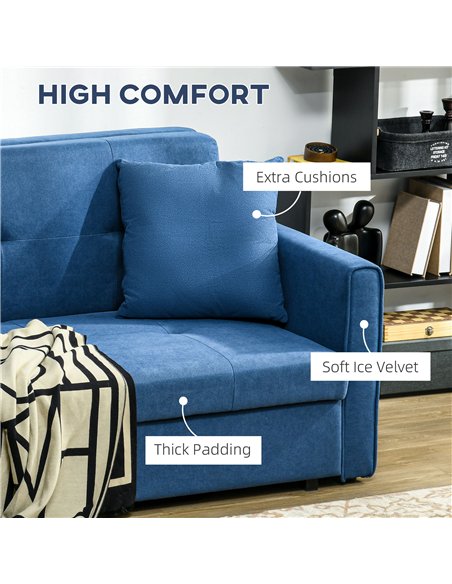 HOMCOM 2 Seater Sofa Bed, Convertible Bed Settee, Modern Velvet Loveseat Sofa Couch with 2 Cushions, Hidden Storage for Living R