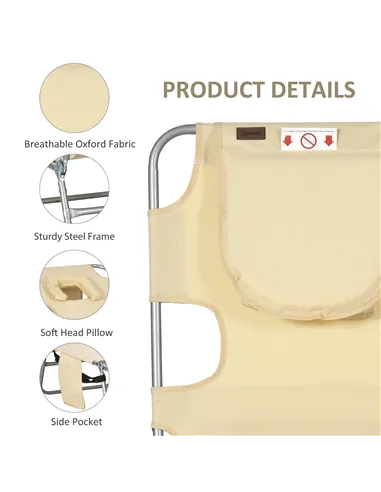 Outsunny Foldable Sun Lounger, Beach Chaise Lounge with Reading Hole, Arm Slots, 5-Position Adjustable Backrest, Side Pocket, Pi