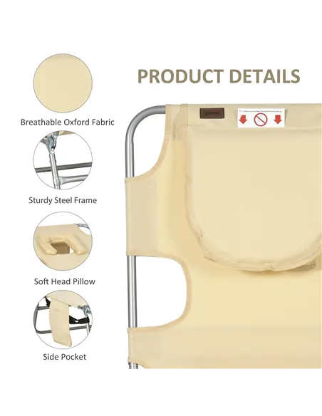 Outsunny Foldable Sun Lounger, Beach Chaise Lounge with Reading Hole, Arm Slots, 5-Position Adjustable Backrest, Side Pocket, Pi