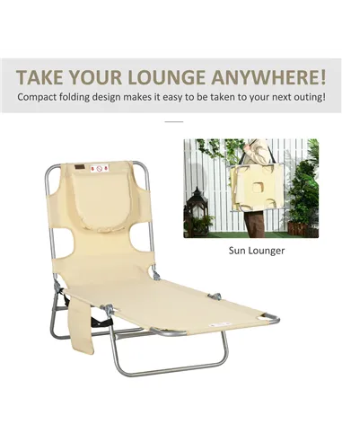 Outsunny Foldable Sun Lounger, Beach Chaise Lounge with Reading Hole, Arm Slots, 5-Position Adjustable Backrest, Side Pocket, Pi