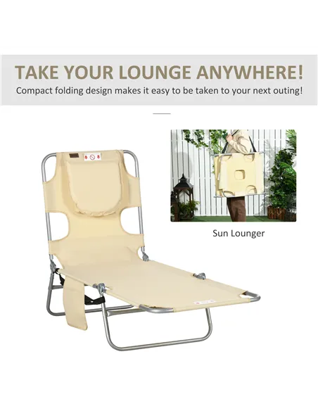Outsunny Foldable Sun Lounger, Beach Chaise Lounge with Reading Hole, Arm Slots, 5-Position Adjustable Backrest, Side Pocket, Pi