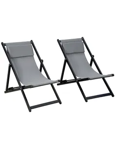Outsunny Set of 2 Folding Garden Beach Aluminium Frame Deck Chairs Deckchairs Seaside Folding Garden Patio Lounger, Grey