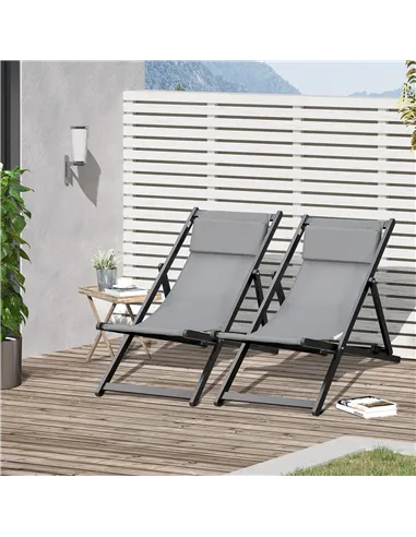 Outsunny Set of 2 Folding Garden Beach Aluminium Frame Deck Chairs Deckchairs Seaside Folding Garden Patio Lounger, Grey