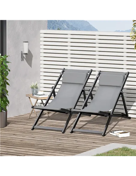Outsunny Set of 2 Folding Garden Beach Aluminium Frame Deck Chairs Deckchairs Seaside Folding Garden Patio Lounger, Grey