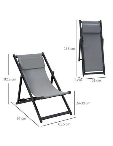 Outsunny Set of 2 Folding Garden Beach Aluminium Frame Deck Chairs Deckchairs Seaside Folding Garden Patio Lounger, Grey