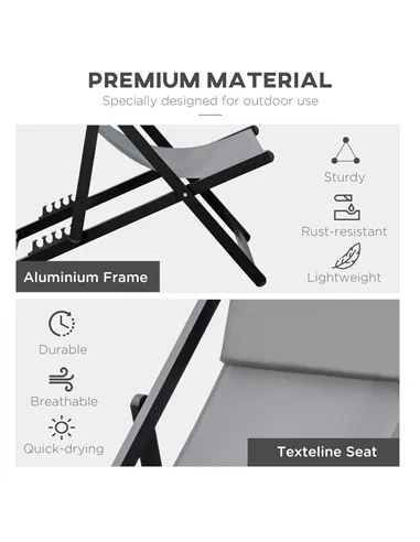 Outsunny Set of 2 Folding Garden Beach Aluminium Frame Deck Chairs Deckchairs Seaside Folding Garden Patio Lounger, Grey