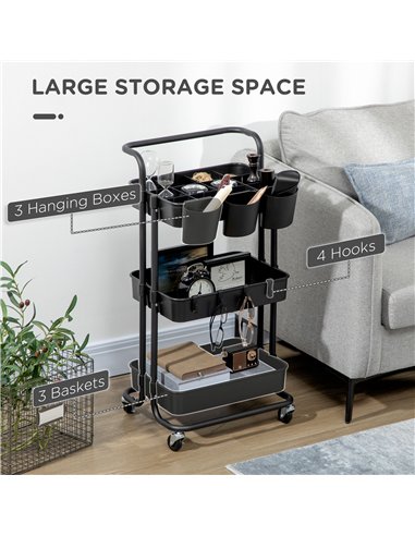 HOMCOM Three-Tier Home Trolley, with Handle and Wheels - Black