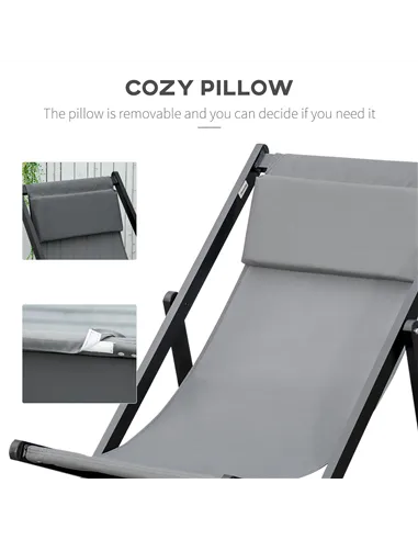 Outsunny Set of 2 Folding Garden Beach Aluminium Frame Deck Chairs Deckchairs Seaside Folding Garden Patio Lounger, Grey