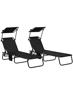 Outsunny Set of Two Folding Sun Loungers, with Adjustable Backs and Sun Canopies - Black