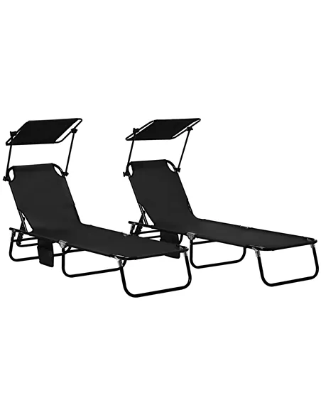 Outsunny Set of Two Folding Sun Loungers, with Adjustable Backs and Sun Canopies - Black