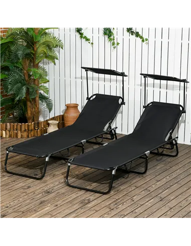 Outsunny Set of Two Folding Sun Loungers, with Adjustable Backs and Sun Canopies - Black