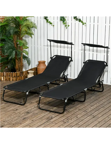 Outsunny Set of Two Folding Sun Loungers, with Adjustable Backs and Sun Canopies - Black